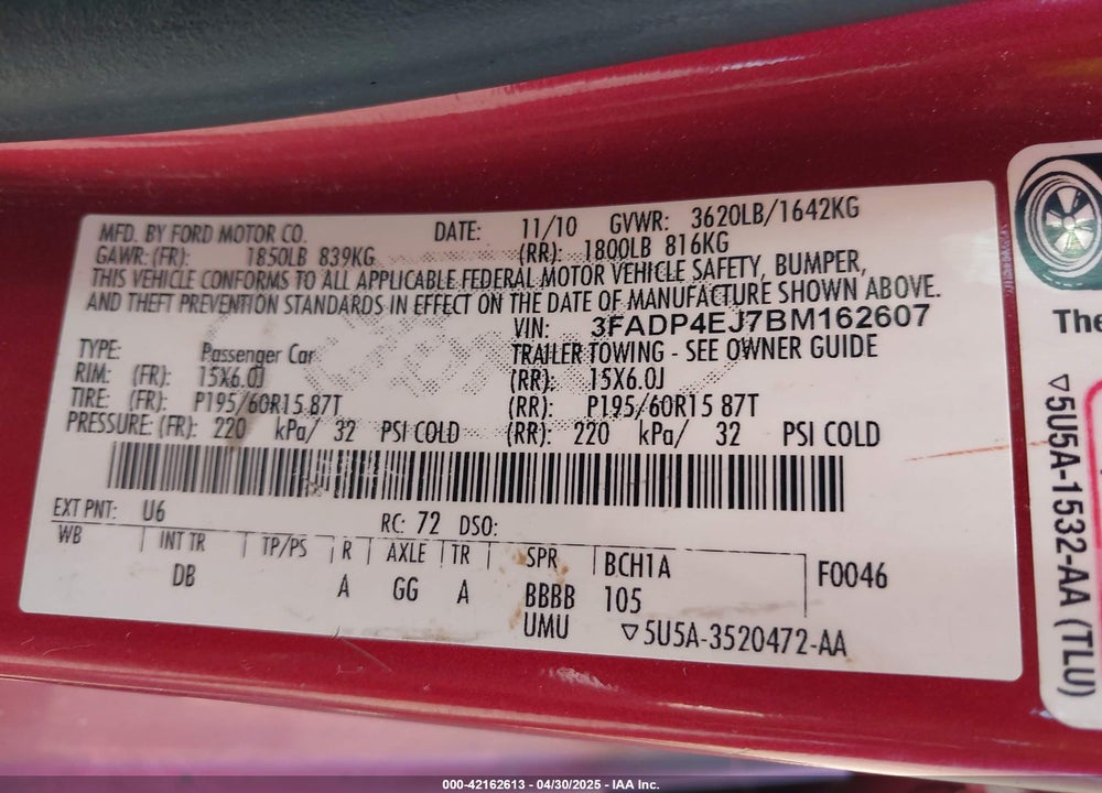 2011 FORD FIESTA SE VIN: 3FADP4EJ7BM162607