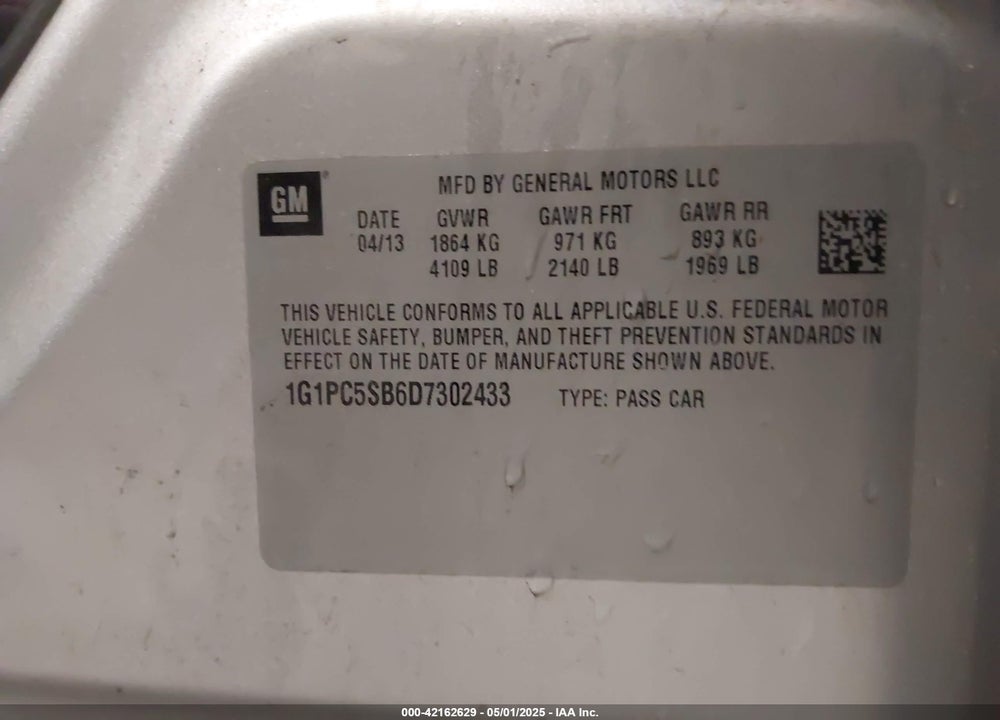 2013 CHEVROLET CRUZE 1LT AUTO VIN: 1G1PC5SB6D7302433