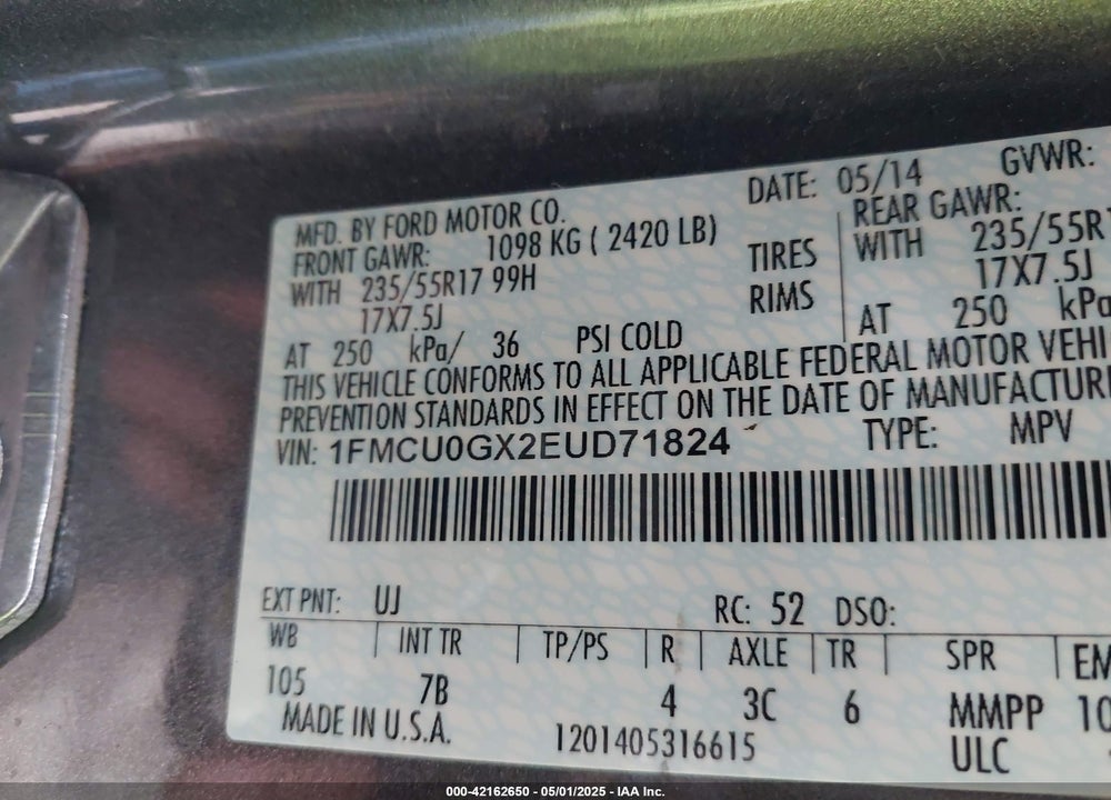 2014 FORD ESCAPE SE VIN: 1FMCU0GX2EUD71824