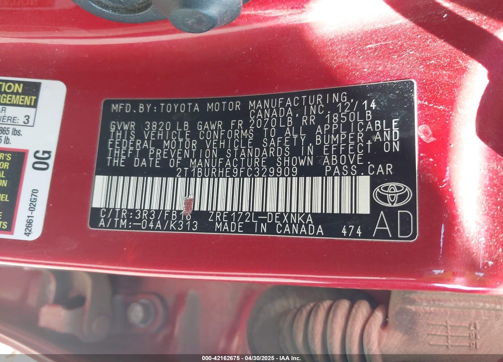 2015 TOYOTA COROLLA VIN: 2T1BURHE9FC329909