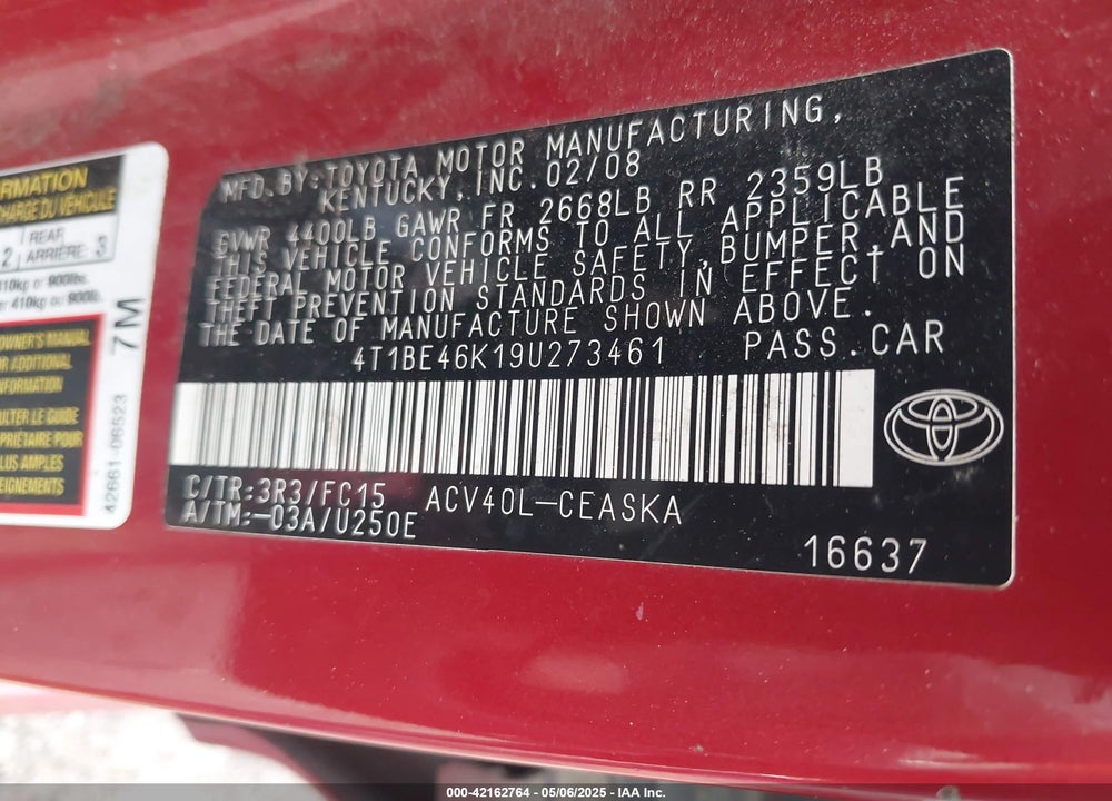2009 TOYOTA CAMRY SE VIN: 4T1BE46K19U273461