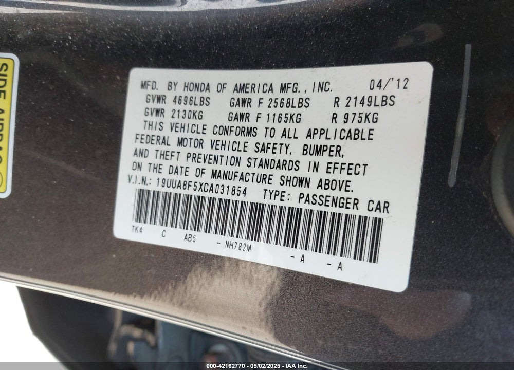 2012 ACURA TL 3.5 VIN: 19UUA8F5XCA031854
