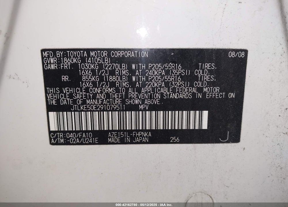 2009 TOYOTA SCION VIN: JTLKE50E291079511