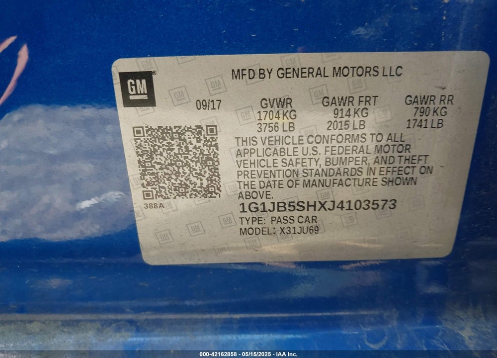 2018 CHEVROLET SONIC VIN: 1G1JB5SHXJ4103573