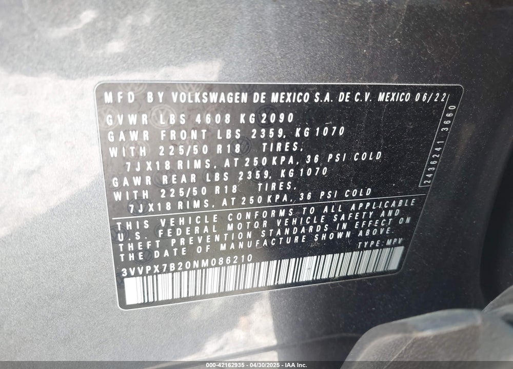 2022 VOLKSWAGEN TAOS VIN: 3VVPX7B20NM086210