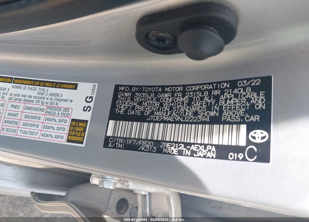 2022 TOYOTA COROLLA LE VIN: JTDEPMAE9NJ222394