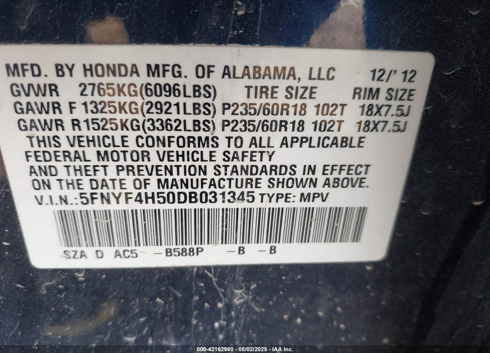 2013 HONDA PILOT VIN: 5FNYF4H50DB031345