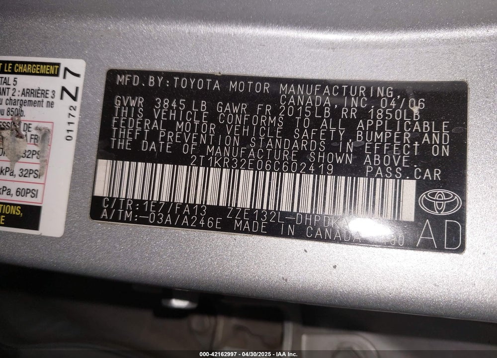 2006 TOYOTA MATRIX VIN: 2T1KR32E06C602419