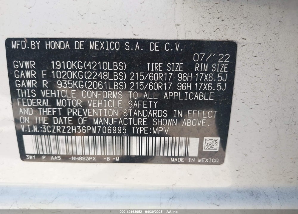 2023 HONDA HR-V VIN: 3CZRZ2H36PM706995