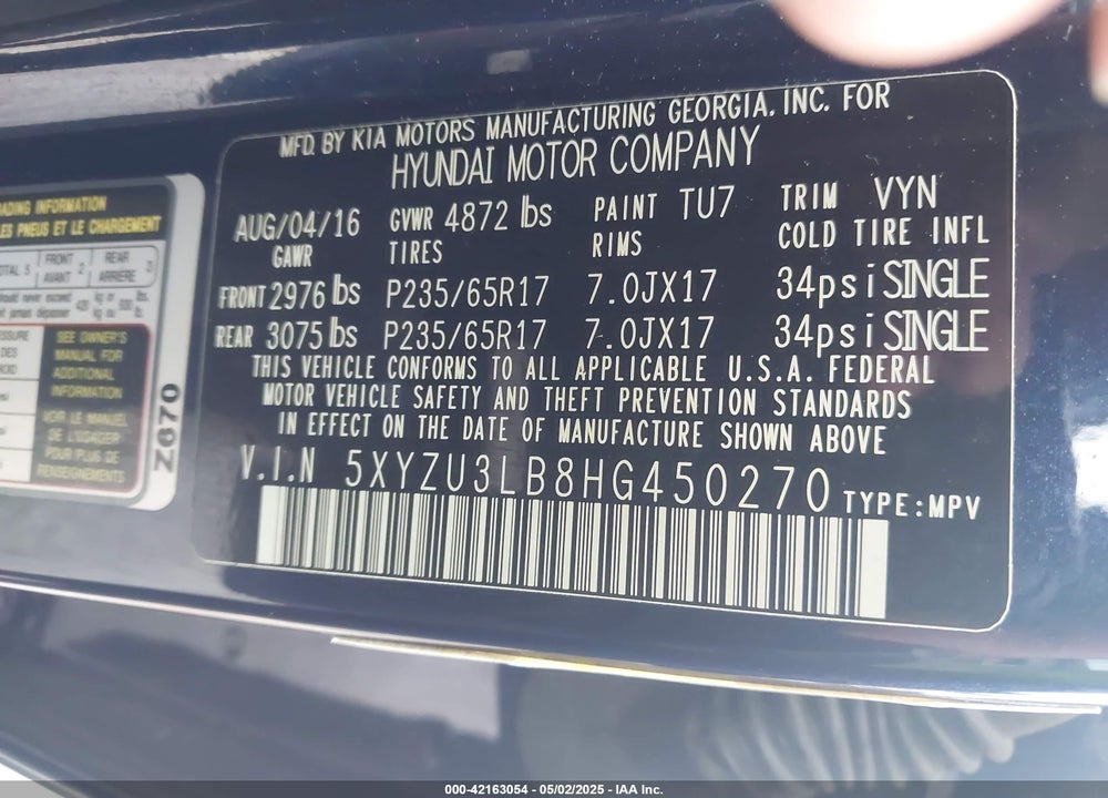 2017 HYUNDAI SANTA FE SPORT VIN: 5XYZU3LB8HG450270