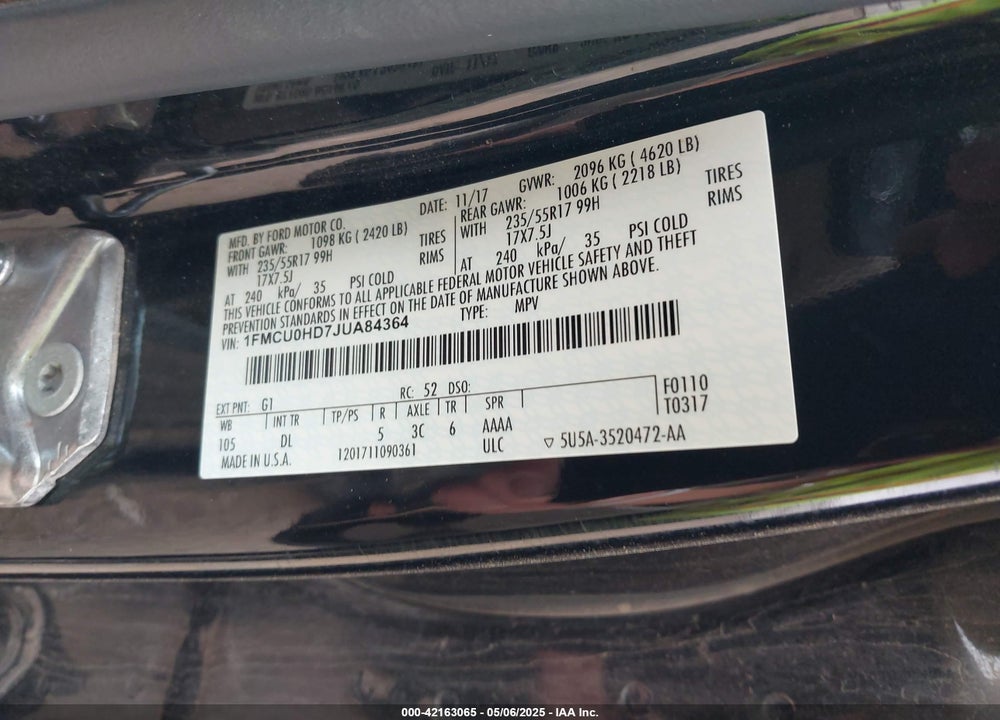 2018 FORD ESCAPE SEL VIN: 1FMCU0HD7JUA84364