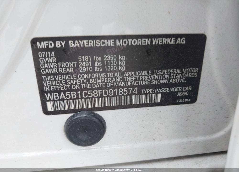 2015 BMW 535I VIN: WBA5B1C58FD918574