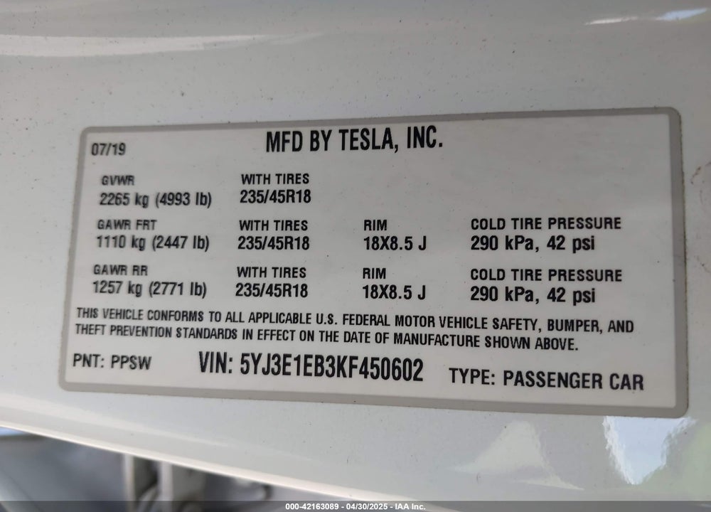 2019 TESLA MODEL 3 LONG RANGE/PERFORMANCE VIN: 5YJ3E1EB3KF450602