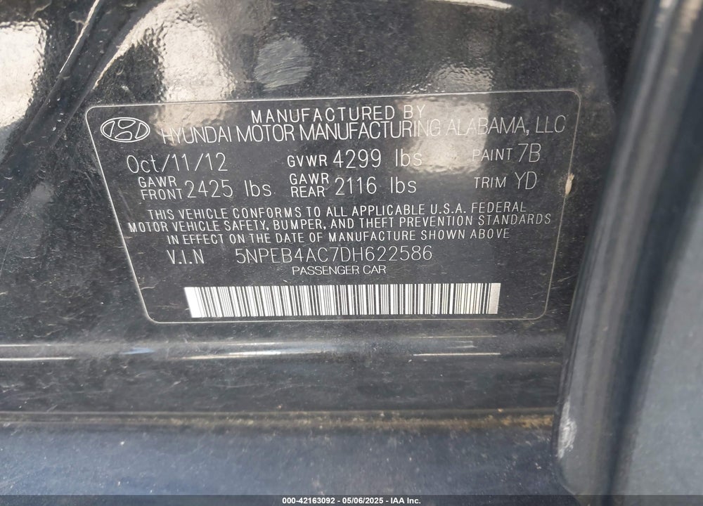 2013 HYUNDAI SONATA GLS VIN: 5NPEB4AC7DH622586
