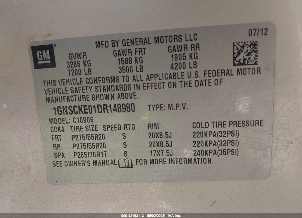 2013 CHEVROLET SUBURBAN 1500 LTZ VIN: 1GNSCKE01DR148980