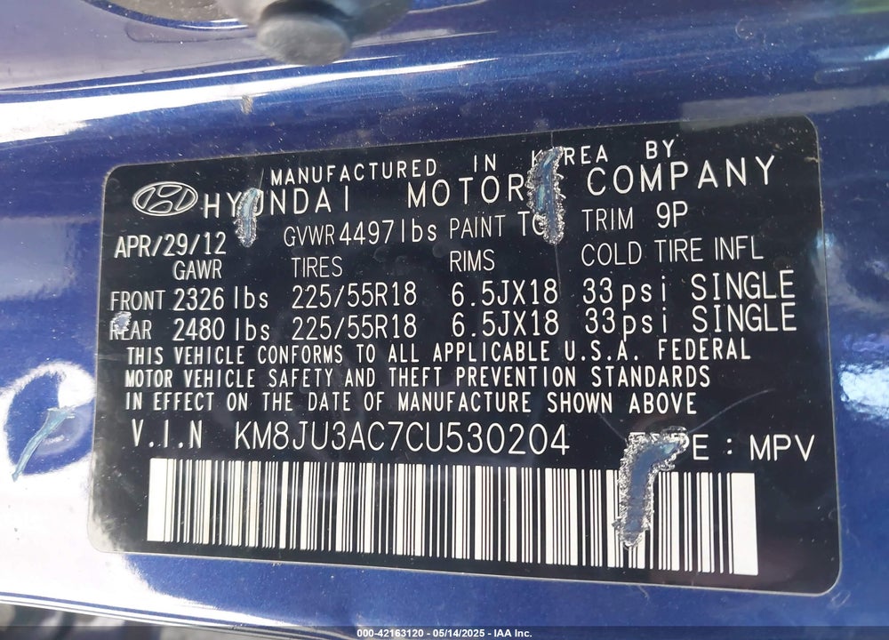 2012 HYUNDAI TUCSON LIMITED VIN: KM8JU3AC7CU530204
