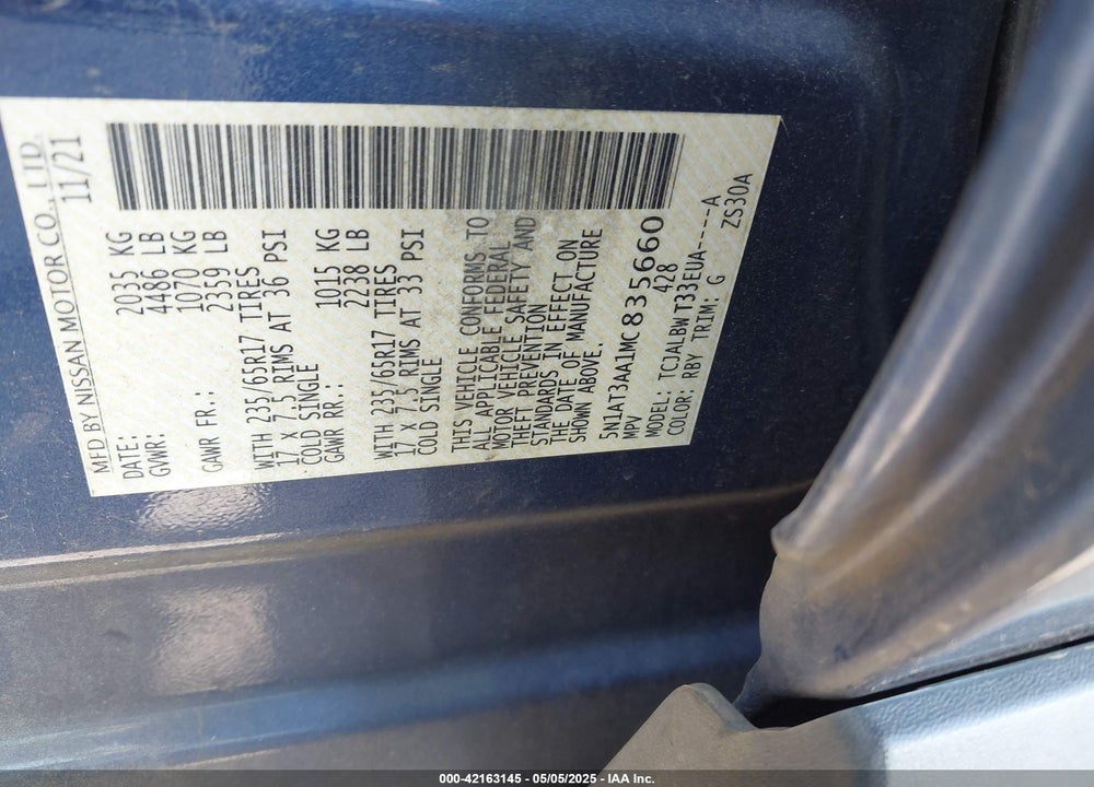 2021 NISSAN ROGUE VIN: 5N1AT3AA1MC835660