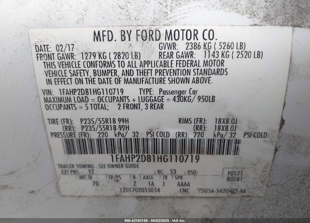 2017 FORD TAURUS SE VIN: 1FAHP2D81HG110719