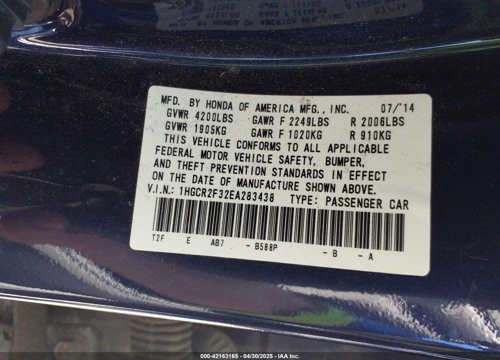 2014 HONDA ACCORD VIN: 1HGCR2F32EA283438