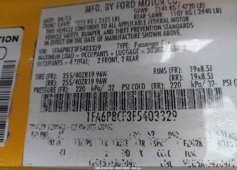 2015 FORD MUSTANG GT PREMIUM VIN: 1FA6P8CF3F5403329