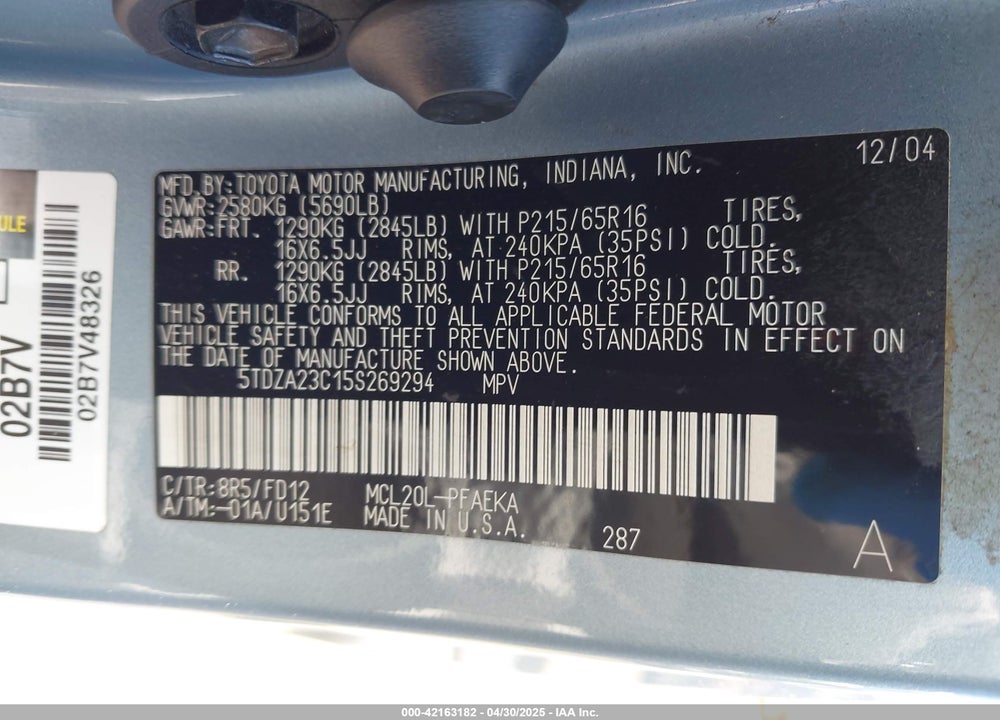 2005 TOYOTA SIENNA LE VIN: 5TDZA23C15S269294