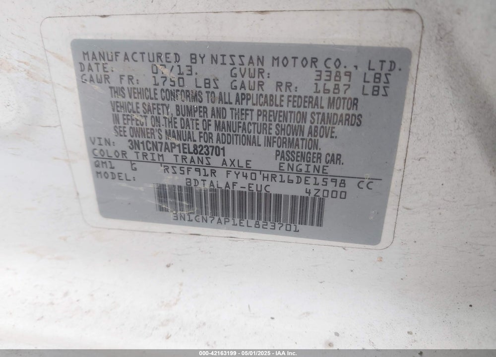 2014 NISSAN VERSA 1.6 S+ VIN: 3N1CN7AP1EL823701