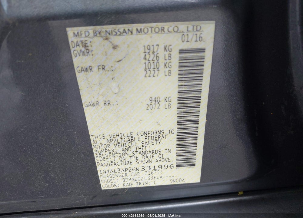 2016 NISSAN ALTIMA VIN: 1N4AL3AP2GN331996