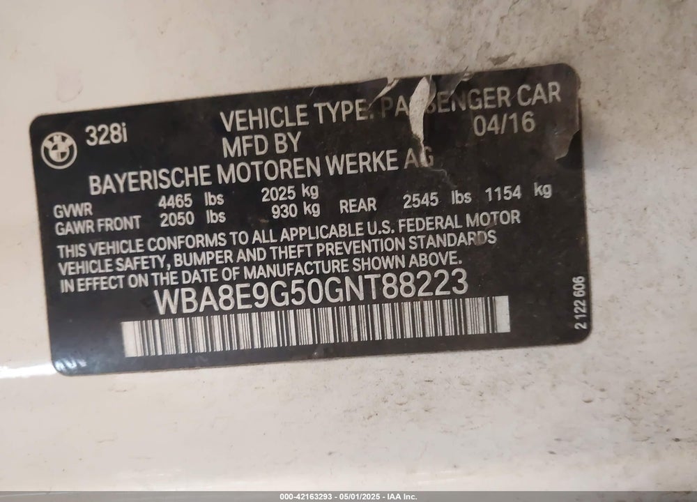 2016 BMW 328 VIN: WBA8E9G50GNT88223