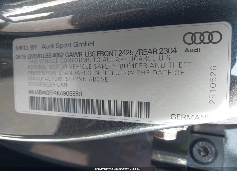 2019 AUDI RS3 VIN: WUABWGFF4KA906650