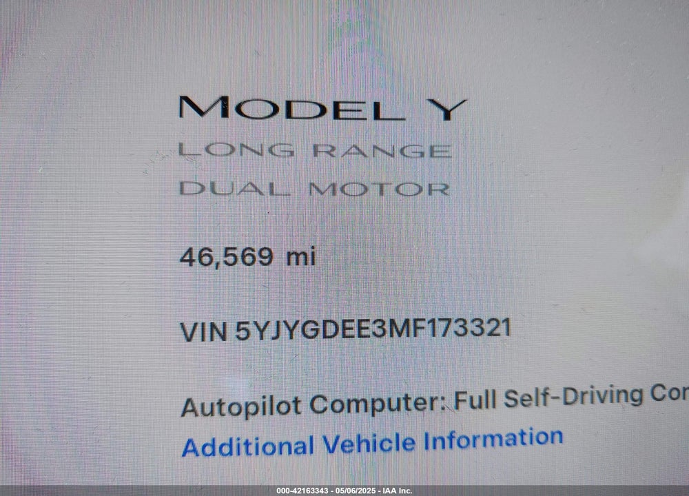 2021 TESLA MODEL Y LONG RANGE DUAL MOTOR ALL-WHEEL DRIVE VIN: 5YJYGDEE3MF173321
