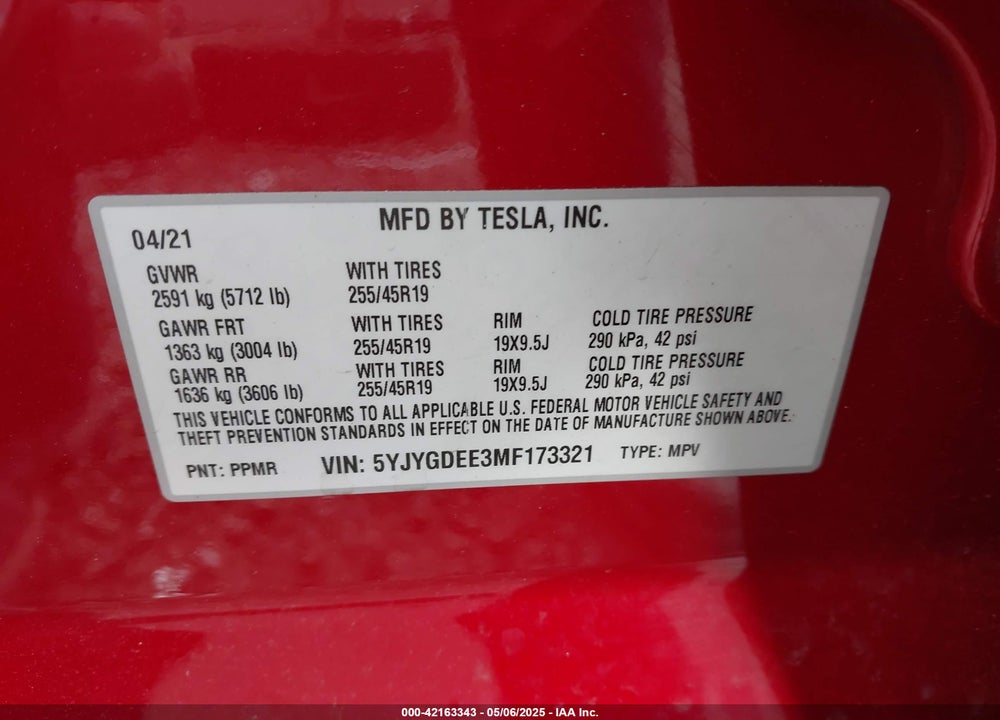 2021 TESLA MODEL Y LONG RANGE DUAL MOTOR ALL-WHEEL DRIVE VIN: 5YJYGDEE3MF173321