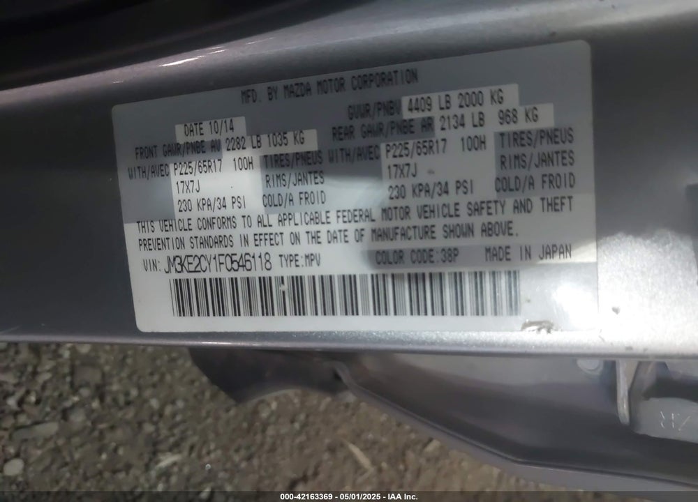 2015 MAZDA CX-5 TOURING VIN: JM3KE2CY1F0546118