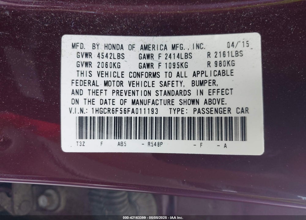 2015 HONDA ACCORD HYBRID VIN: 1HGCR6F56FA011193