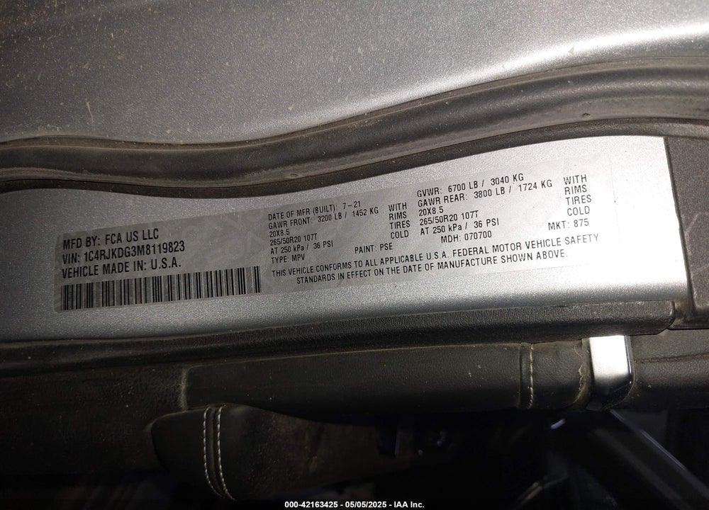 2021 JEEP GRAND CHEROKEE L VIN: 1C4RJKDG3M8119823