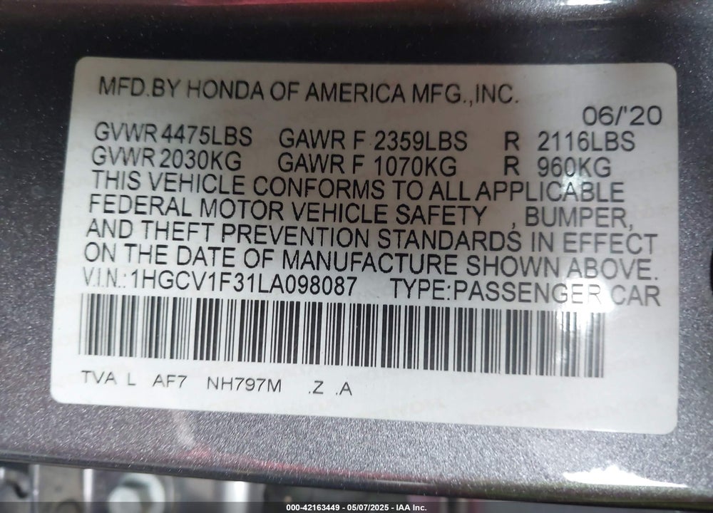 2020 HONDA ACCORD VIN: 1HGCV1F31LA098087