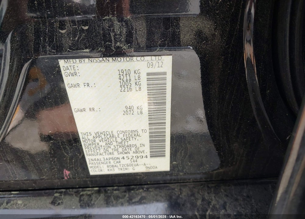 2013 NISSAN ALTIMA VIN: 1N4AL3AP6DN452994