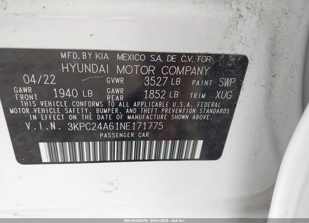 2022 HYUNDAI ACCENT VIN: 3KPC24A61NE171775