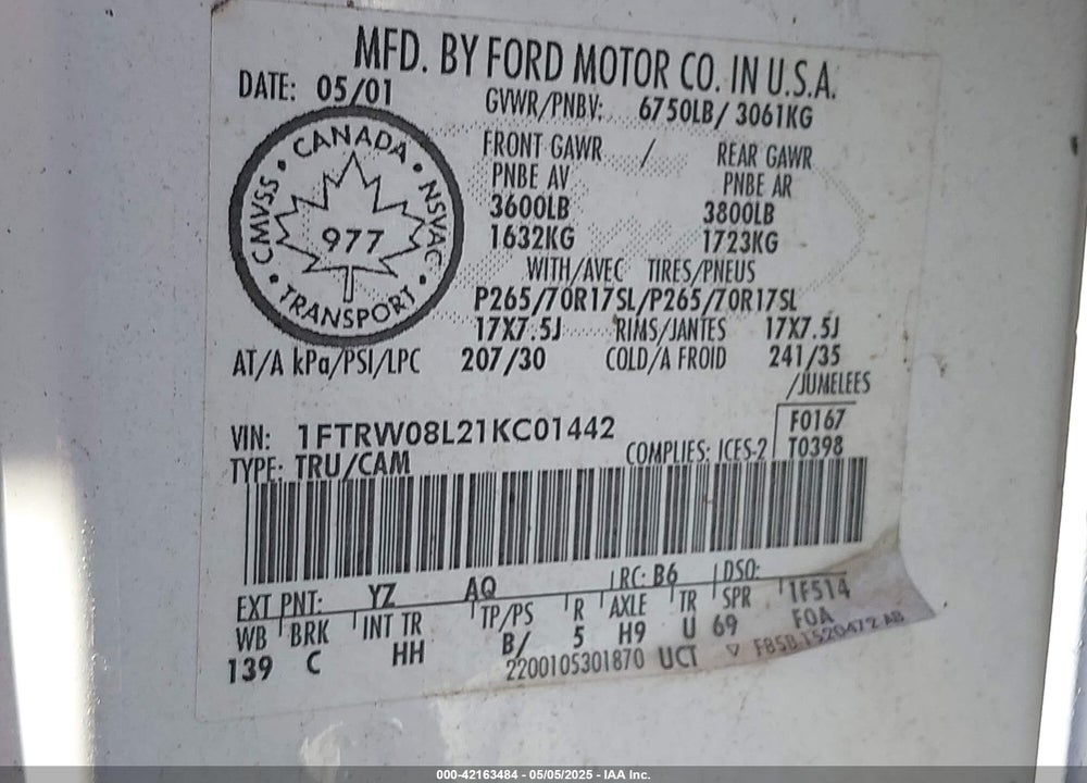 2001 FORD F-150 KING RANCH EDITION/LARIAT/XLT VIN: 1FTRW08L21KC01442