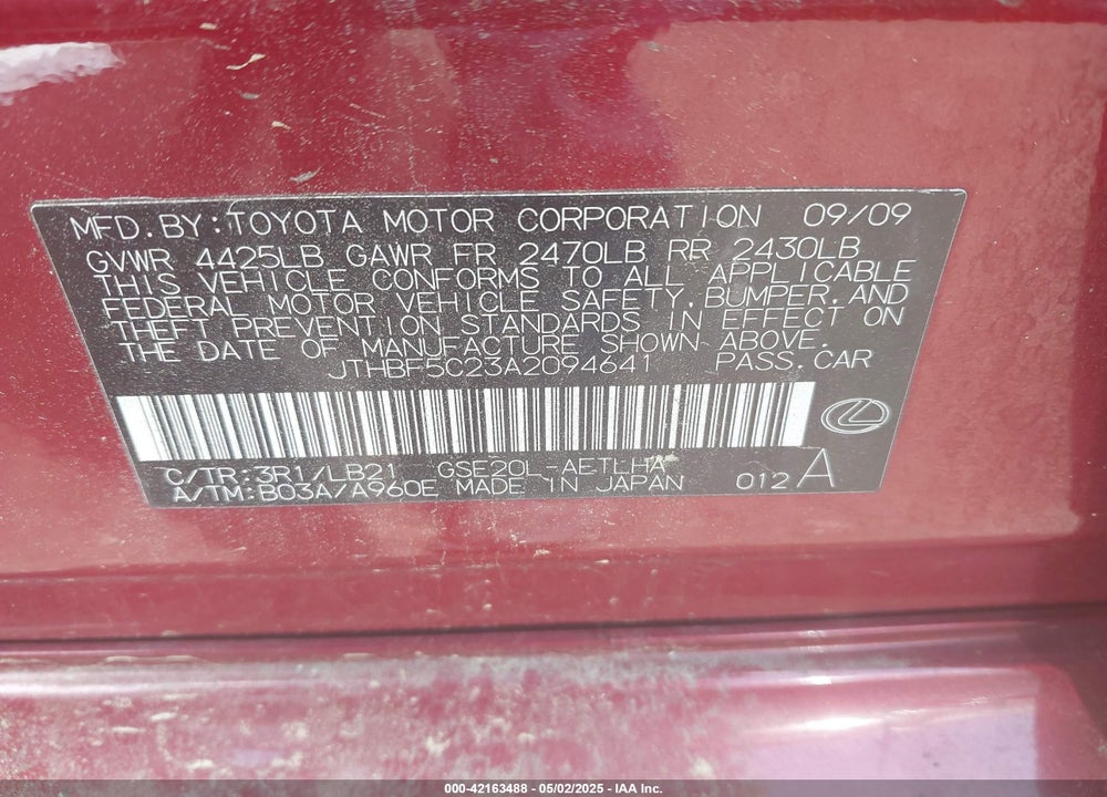 2010 LEXUS IS VIN: JTHBF5C23A2094641