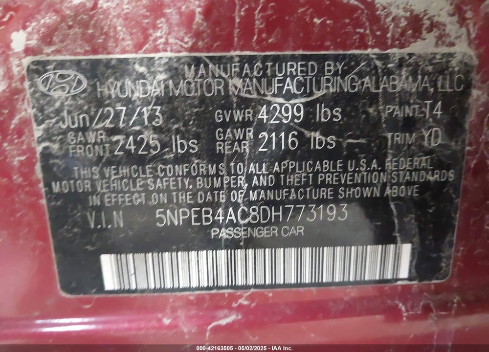 2013 HYUNDAI SONATA GLS VIN: 5NPEB4AC8DH773193