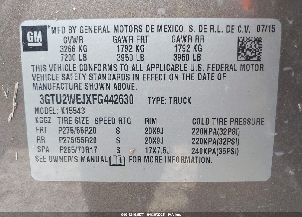 2015 GMC SIERRA 1500 VIN: 3GTU2WEJXFG442630