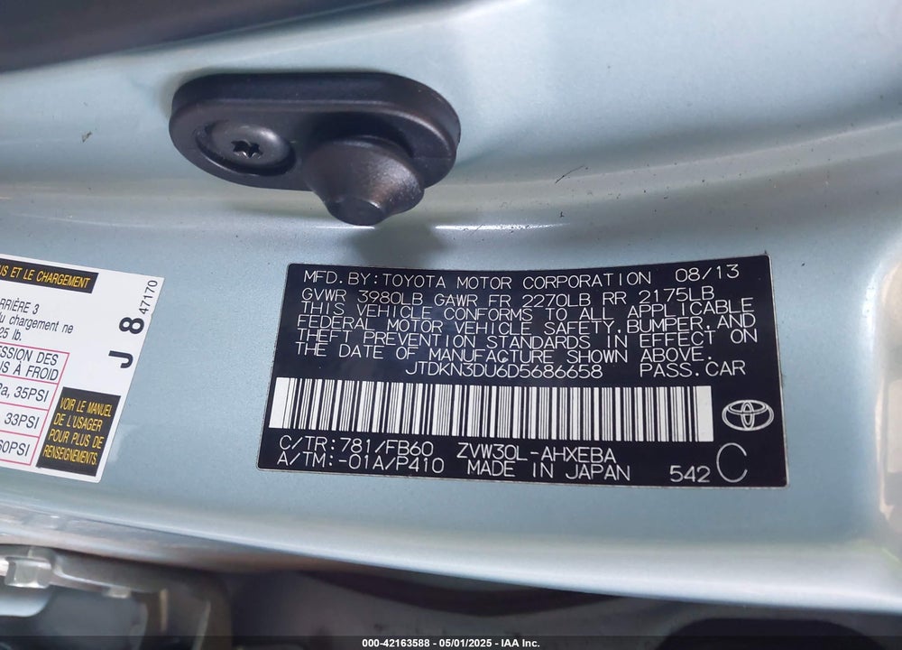 2013 TOYOTA PRIUS THREE VIN: JTDKN3DU6D5686658