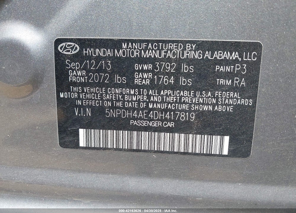 2013 HYUNDAI ELANTRA VIN: 5NPDH4AE4DH417819