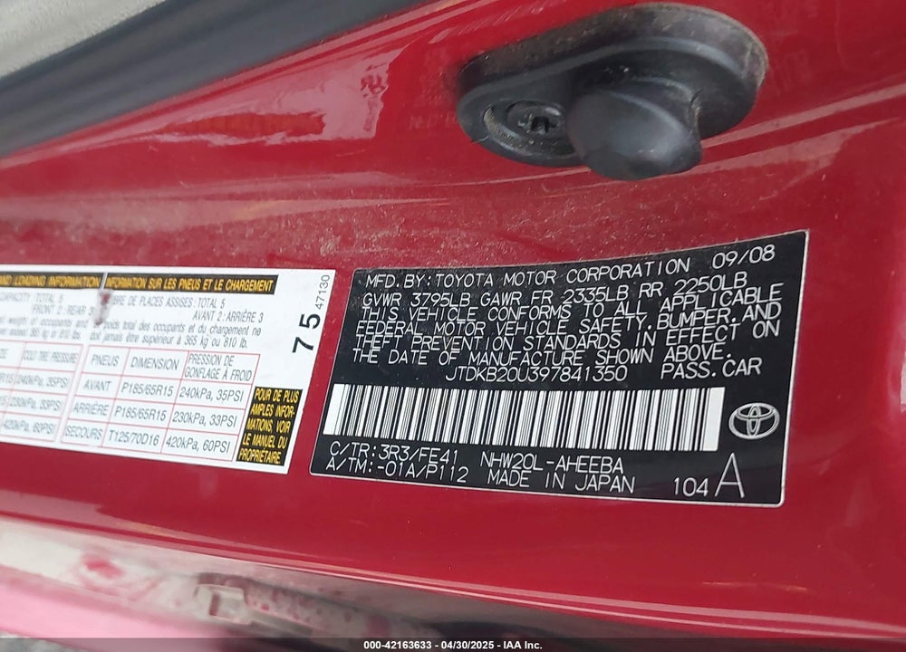 2009 TOYOTA PRIUS VIN: JTDKB20U397841350