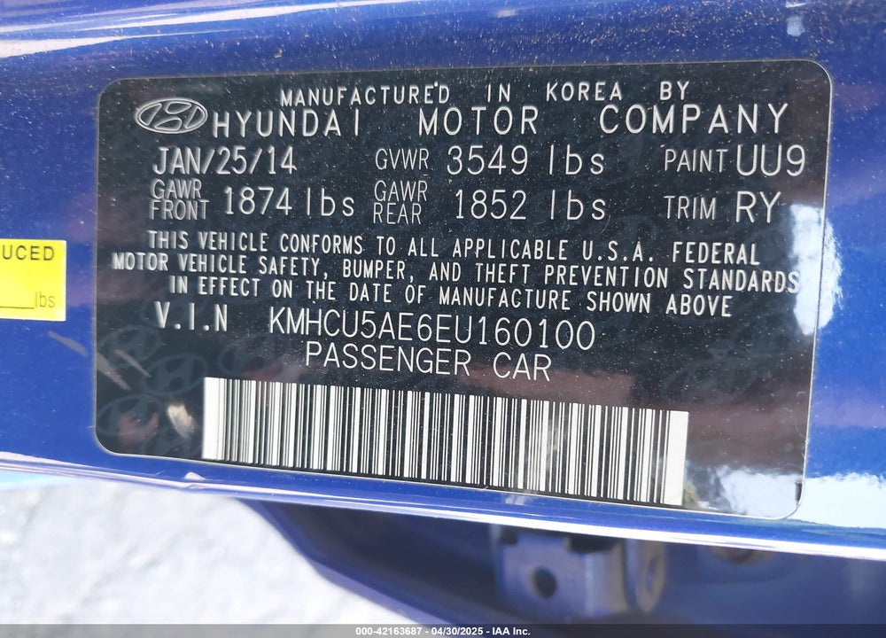 2014 HYUNDAI ACCENT VIN: KMHCU5AE6EU160100