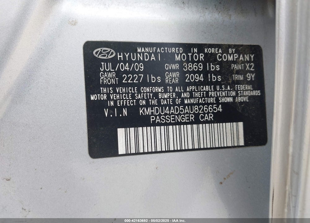 2010 HYUNDAI ELANTRA VIN: KMHDU4AD5AU826654