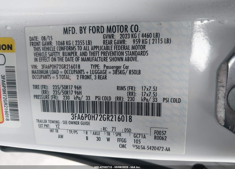 2016 FORD FUSION SE VIN: 3FA6P0H72GR216018