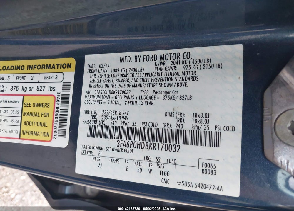 2019 FORD FUSION VIN: 3FA6P0HD8KR170032