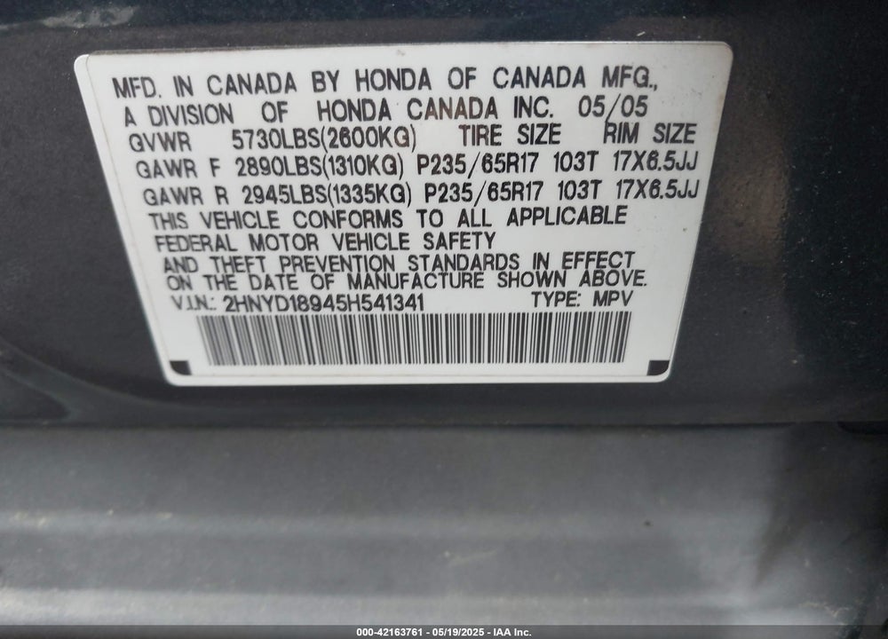 2005 ACURA MDX VIN: 2HNYD18945H541341