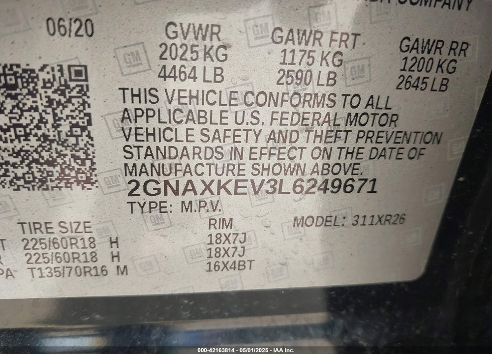 2020 CHEVROLET EQUINOX VIN: 2GNAXKEV3L6249671
